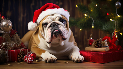 Santa Bulldog near Christmas tree