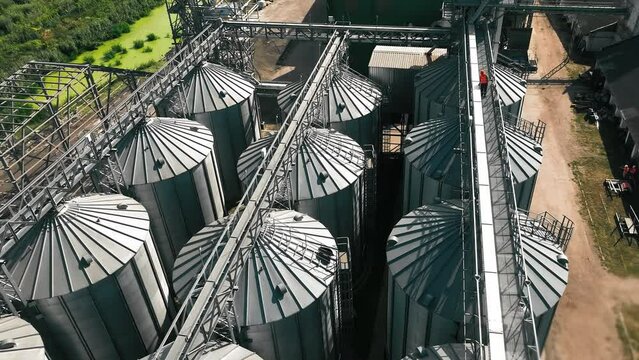 Aerial view Industrial Grain Silos, Aerial view of industrial grain storage silos.