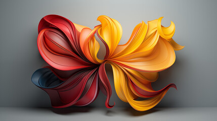 Elemento abstracto a modo de lazo rojo naranja y amarillo, fondo gris pálido, arte orgánico, escultura mural de movimiento fluido, lazo gigante similar a una flor de petados, presentación bienvenida 