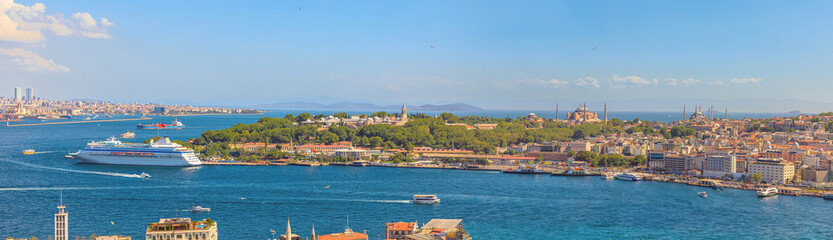 Galata Tower aerial view on Istanbul skyline with Topkapi palace, Yeni Camii new mosque, Hagia...