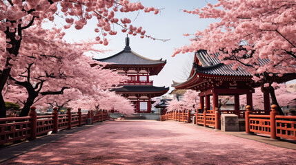 Shingon Buddhist temple and cherry blossom trees