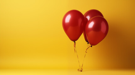 Conjunto 3 globos rojos flotando sobre fondo amarillo, conmemoración celebraciones, amor, tres, cumpleaños, colores españoles, fiesta, regalo, decoraciones emotivas, invitaciones, presentar publicidad - obrazy, fototapety, plakaty