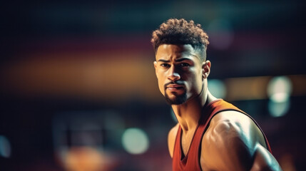 Portrait of male basketball player with a ball over black background. Fit young man in sportswear holding basketball.