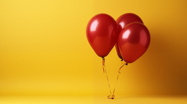 Conjunto 3 globos rojos flotando sobre fondo amarillo, conmemoraci&oacute;n celebraciones, amor, tres, cumplea&ntilde;os, colores espa&ntilde;oles, fiesta, regalo, decoraciones emotivas, invitaciones, presentar publicidad