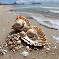 Fototapeta na wymiar beautiful shell on the sandy seashore. summer holiday concept 