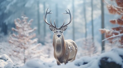 Beautiful Deer Against Winter Scenery