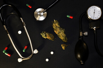 cannabis on a black background. Nearby is a device for measuring cardiovascular pressure, tonometer and pills, Medical cannabis against pills and chemistry