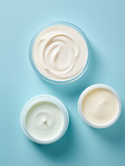 cream in a jar top view isolated on pastel blue background. texture, swatch of cosmetic product