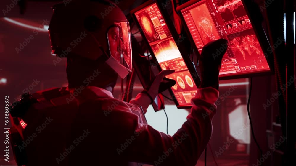 Wall mural astronaut in a space suits aboard the mars station. cosmonauts piloting the spaceship in space. gala