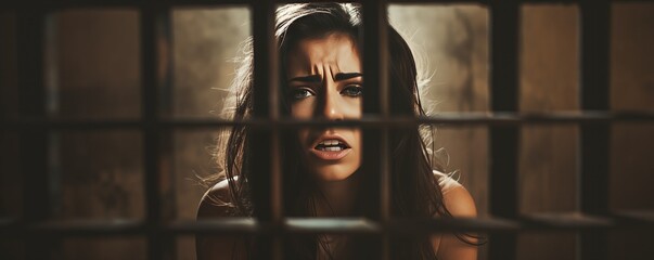 Frustrated Woman Bends Prison Bars In Anger Authenticity - obrazy, fototapety, plakaty