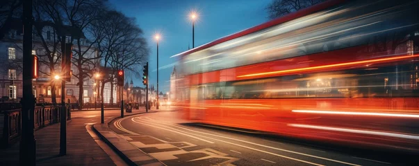 Foto op Plexiglas Light Trails From Double Decker Bus Near Iconic London Phone Booth Double Decker Bus © Ян Заболотний