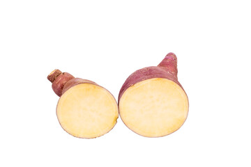 This is a cross section of a purple sweet potato. white background