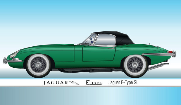 United Kingdom, year 1961, Jaguar E Type SI Spider vintage and classic car, outlined, vector illustration coloured on the blue sky background