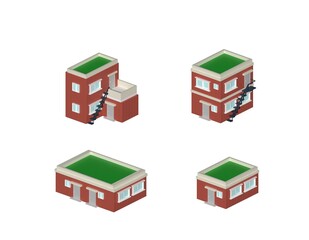 Stone buildings, one- or two-story single-family homes made of red brick. Common slightly older villa buildings seen in Asia or Korea. 3d render illustration isometric image.