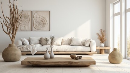 Minimal, modern , elegant, neutral, cozy and white bohemian, boho living room with a sofa and plants. soft earthy colors. Great as interior furniture design inspiration.