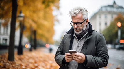 Senior man smiling confident using smartphone at autumn street