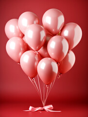 Beautiful pastel red Valentine's Day background with pastel gold heart balloons, center copy space, generative ai
