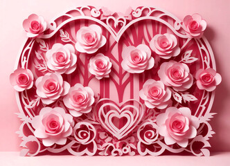 Valentine background card mockup with pink roses and a blank sheet in the middle for writing greetings in kirigami style