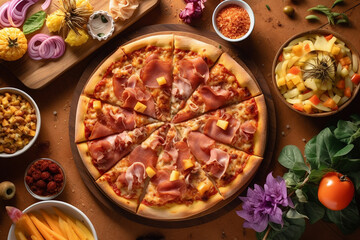 Fototapeta na wymiar Hawaiian Pizza with Ham and Pineapple on a Wooden Table, Flat Lay shot, created with Generative AI