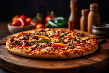 Veggie Pizza with Bell Peppers and Mushrooms on a Wooden Platter, Close-up Shot, created with Generative AI