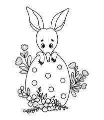 Cute Easter bilby with egg and flowers. Australian animal. Linear, outline drawing, coloring book. Kids collection. Vector illustration.
