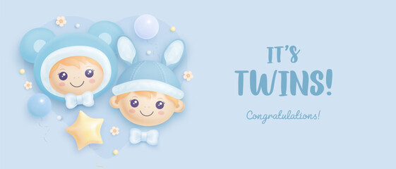 Baby shower invitation, horizontal poster, banner or greeting card with cute baby boys, helium balloons and flowers on blue background. It's twins. Vector illustration
