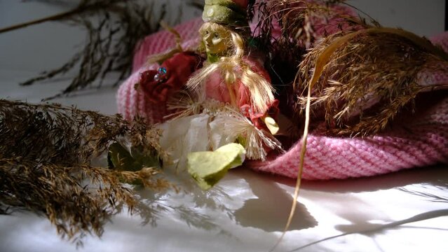 Boho style. Background shadow of dragonfly, dry flowers and beige knitted dress. Home sweet Home