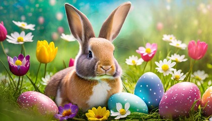 cute easter bunny with colorful easter eggs in a beautiful easter scene in widescreen format in comic look for header or banner on social media generative ai
