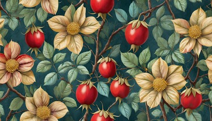 seamless pattern with rose hips berries botanical background floral wallpaper hand drawn 3d illustration design for fabric wallpaper paper websites packaging