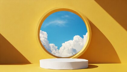 3d render abstract sunny yellow background with white clouds and blue round hole simple geometric showcase scene with empty podium for product presentation
