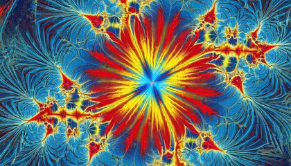 pulsar in red yellow and blue an exploding star patterned fractal image with an optically challenging design in blue yellow turquoise and red