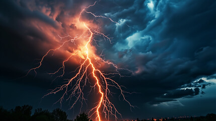 Strike of lightning on dark, futuristic light background. - obrazy, fototapety, plakaty