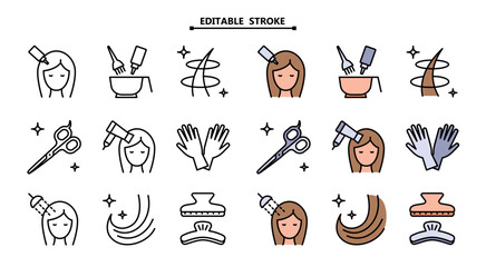 Hairdresser service color outline icons set. Editable stroke. Beauty industry. Professional hair styling. Pictograms collection for web page, mobile app, promo. UI UX GUI design element.