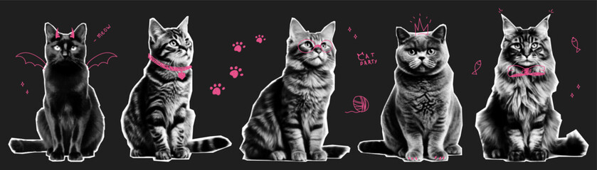Set of cats in halftone collage style with naive doodle elements.