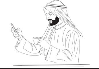 Arab man holding mobile while enjoying tea vector, Cartoon sketch of Arab business man holding phone
