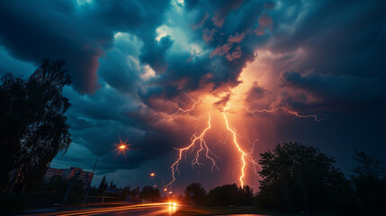 Strike of lightning on dark, futuristic light background.