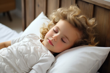 A toddler sleeps well on white pillow in bed