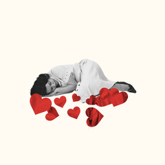 Dreams of love. Young woman lying, seeping over papercut hearts. Contemporary art collage. Valentine's Day, holiday, love, February 14th concept. Template for ads, postcard, invitation, poster