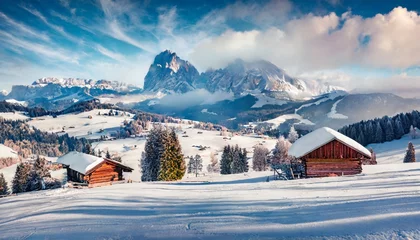 Keuken spatwand met foto frosty morning view of alpe di siusi village breathtaking winter landscape of dolomite alps majestic outdoor scene of ski resort ityaly europe beauty of nature concept background © Florence