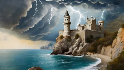 Gordijnen illustration of a thunderstorm on the seashore swallow s nest castle in the crimea mural photo wallpaper © Florence