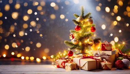 Fototapeta na wymiar holidays background festive christmas tree gifts and decorations illuminated with joy