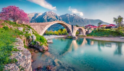 stunning spring view of old mes bridge gorgeous morning landscape of shkoder colorful outdoor scene...