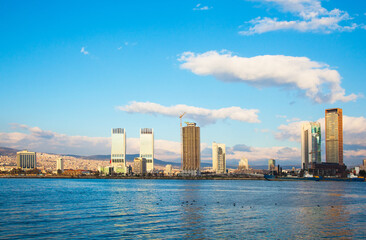 View of the city of Izmir Turkey. Panorama of Izmir in the afternoon from the sea.