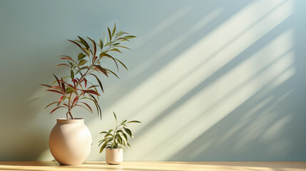 Interior limpio y sencillo de una pared con plantas en el frente. Sombras y luces . - obrazy, fototapety, plakaty