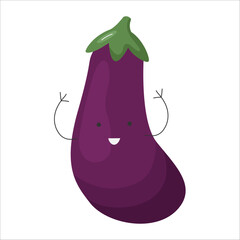 Vector Illustration of Children Healthy Nutrition Concept with a Cute Cartoon Funny Eggplant or Aubergine. Baby Vegetable Character or Mascot