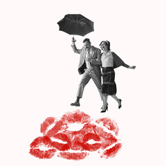 Romantic date. happy man and woman, couple running under umbrella on kisses. Contemporary art....