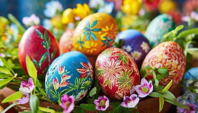 vibrant painted easter eggs with floral detail in stunning close up generative ai