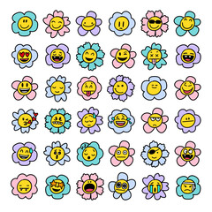 Cartoon daisy flowers. Flower retro face, smile happy chamomile characters. Cute kids floral plant emotion. Trendy white petal, spring orange faces