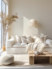 Fototapeta na wymiar Minimal, modern, elegant, neutral, cozy and white bohemian, boho living room with a sofa and plants. soft earthy colors. Great as interior furniture decoration design inspiration.