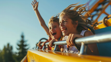 Young children girls riding a rollercoaster at an amusement park experiencing excitement, joy, laughter, and fun - obrazy, fototapety, plakaty